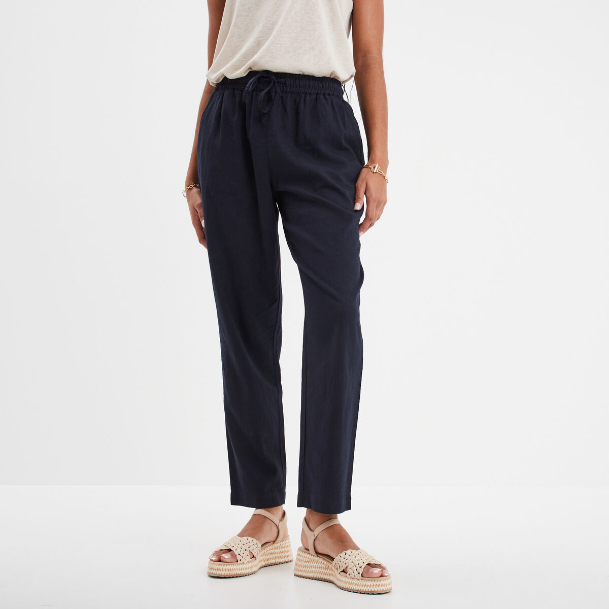 Pantalon droit 7/8&egrave;me lin m&eacute;lang&eacute; bleu fonc&eacute; femme