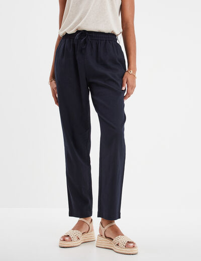 Pantalon droit 7/8&egrave;me lin m&eacute;lang&eacute; bleu fonc&eacute; femme