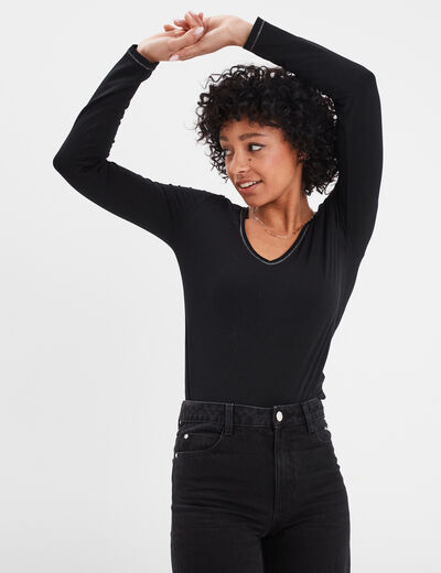 T-shirt manches longues col en V coton noir femme