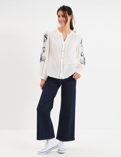Blouse col tunisien manches brodées ecru femme