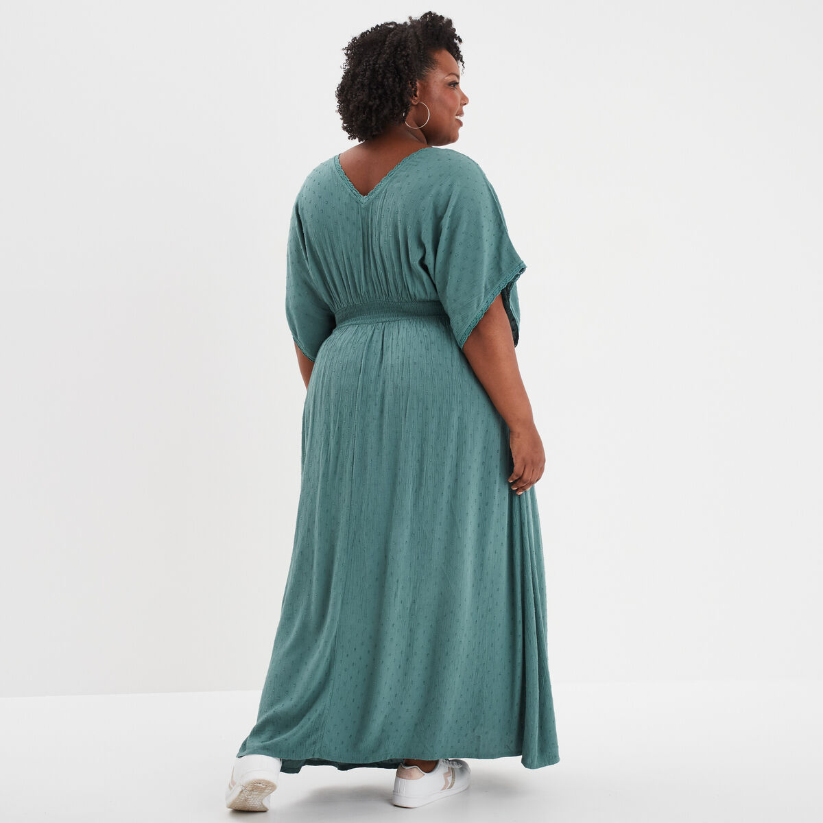 Robe longue en plumetis taille smockée vert foncé femme grande taille