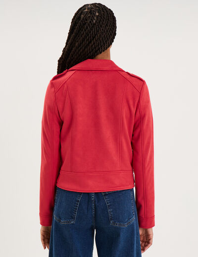 Veste biker effet su&eacute;dine rouge femme