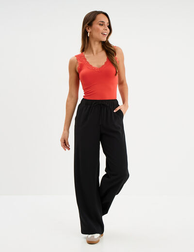 Pantalon crêpe large taille élastiquée noir femme