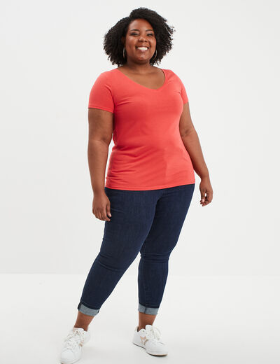 T-shirt col en V manches courtes coton rouge femme grande taille