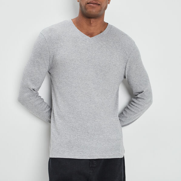 T-shirt manches longues col V gris clair homme