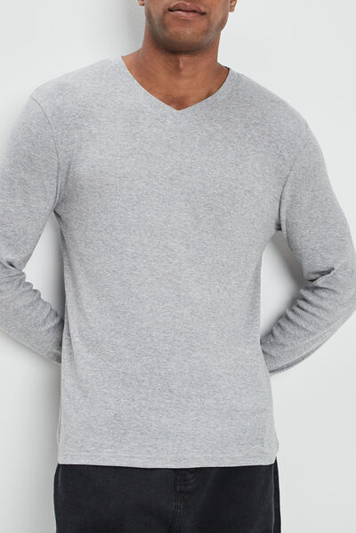 T-shirt manches longues col V gris clair homme