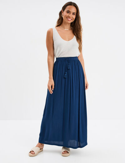 Jupe longue droite fluide bleu marine femme