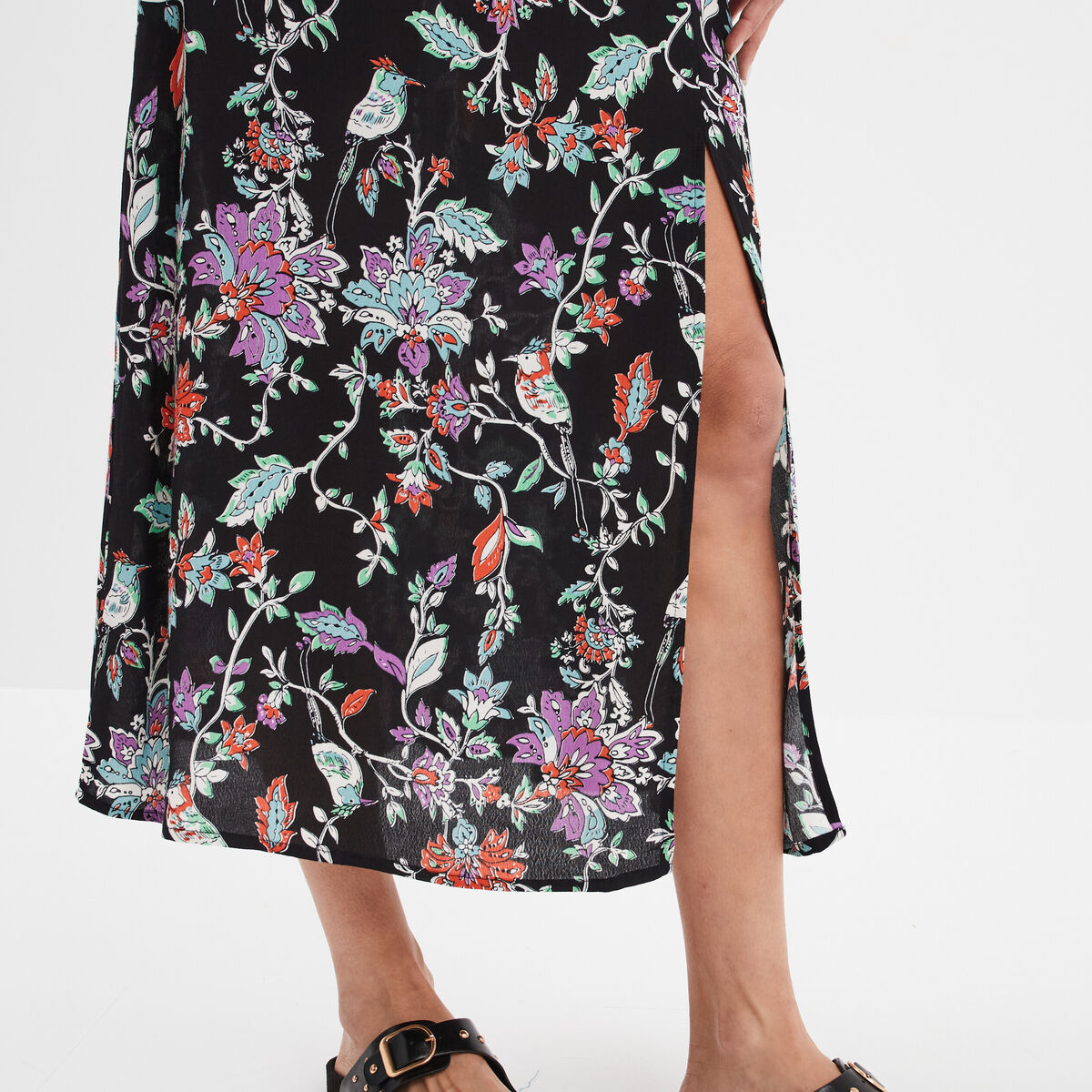 Jupe midi fendue fluide noir femme