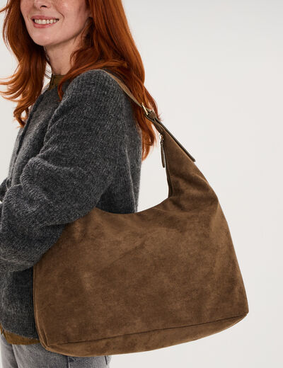 Sac effet su&eacute;dine zipp&eacute; grand format vert kaki femme