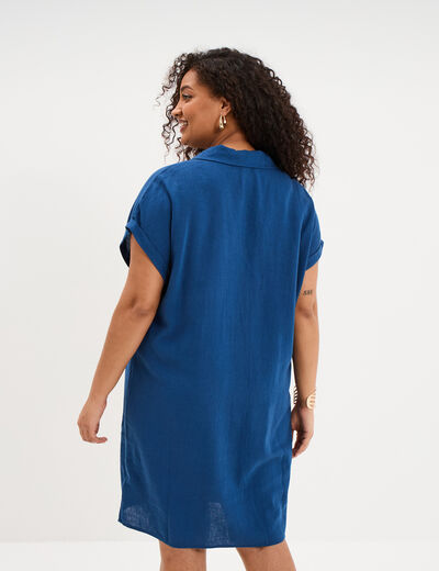 Robe chemise courte lin m&eacute;lang&eacute; bleu marine femme grande taille