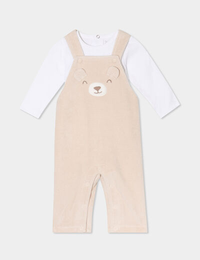 Ensemble t-shirt salopette effet velours beige b&eacute;b&eacute;