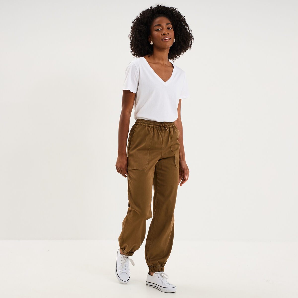 Pantalon cargo droit cropped lyocell beige femme