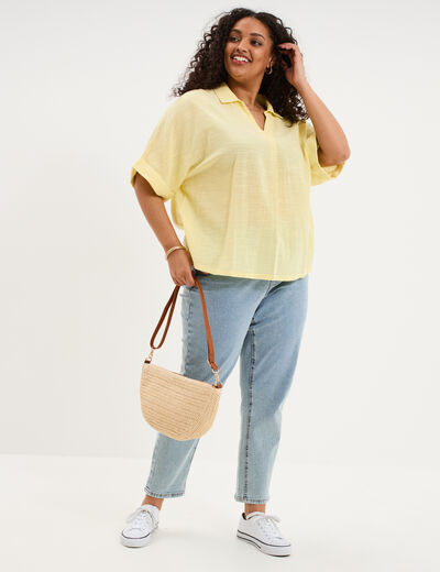 Blouse oversize manches courtes coton jaune clair femme grande taille