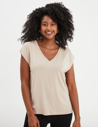 T-shirt col en V manches courtes beige femme