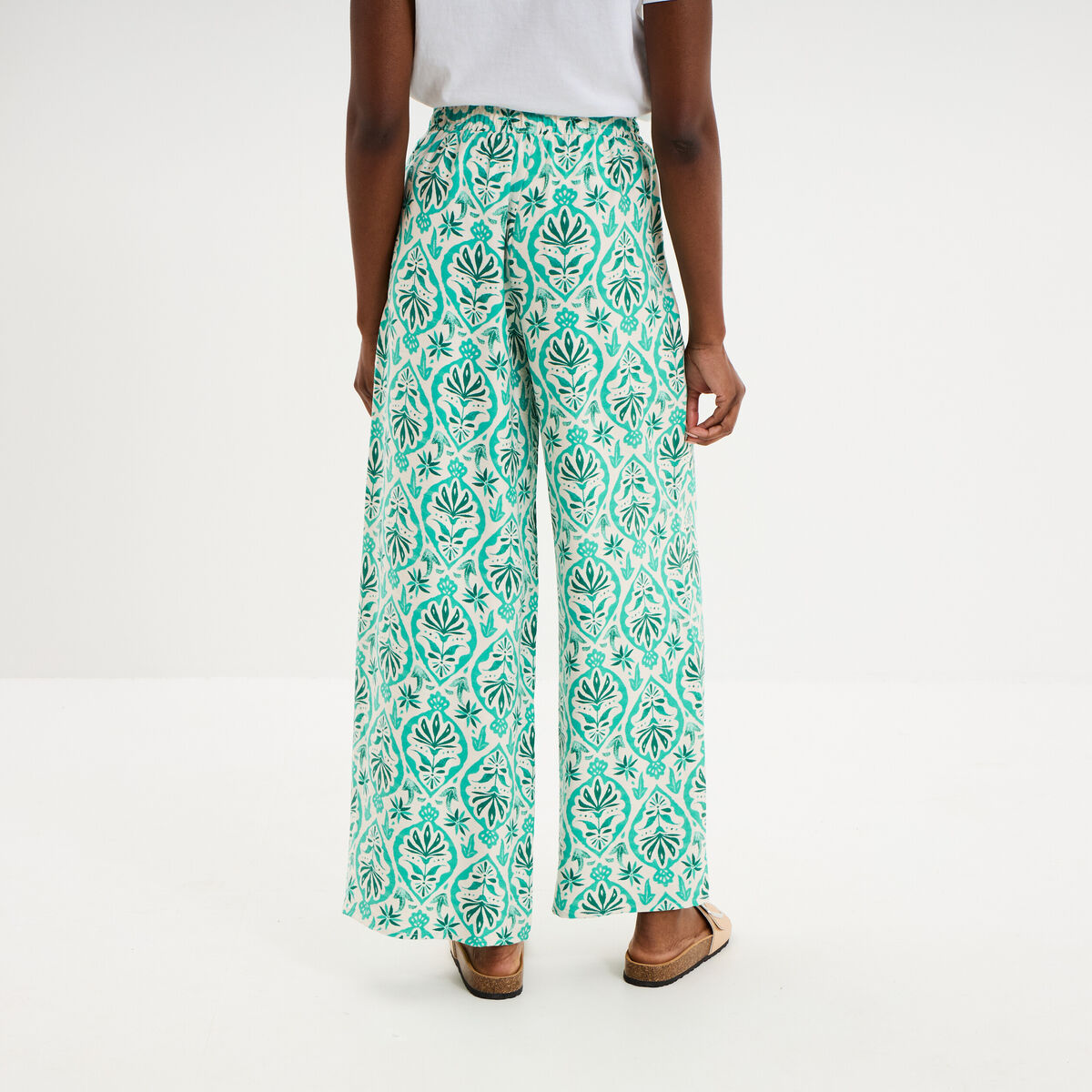 Pantalon large fluide taille &eacute;lastiqu&eacute;e ecru femme