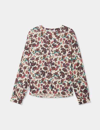 Blouse col tunisien manches longues ecru femme
