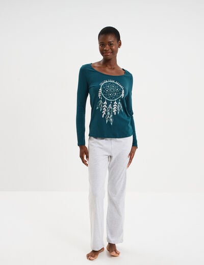 Ensemble pyjama pantalon 2 pi&egrave;ces coton bleu canard femme