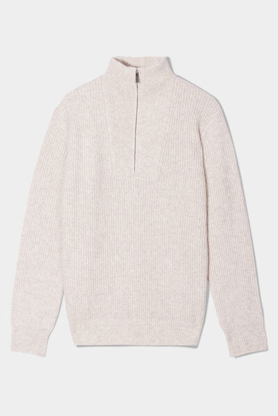 Pull avec col camionneur côtelé beige homme
