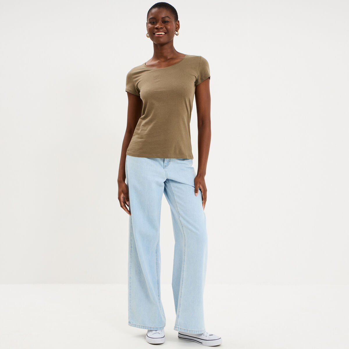 T-shirt coton col rond manches courtes vert kaki femme