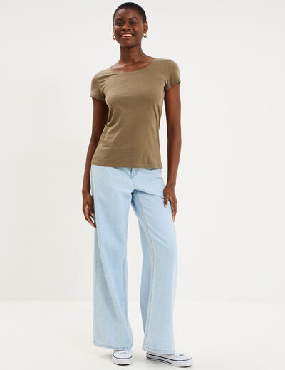 T-shirt coton col rond manches courtes vert kaki femme
