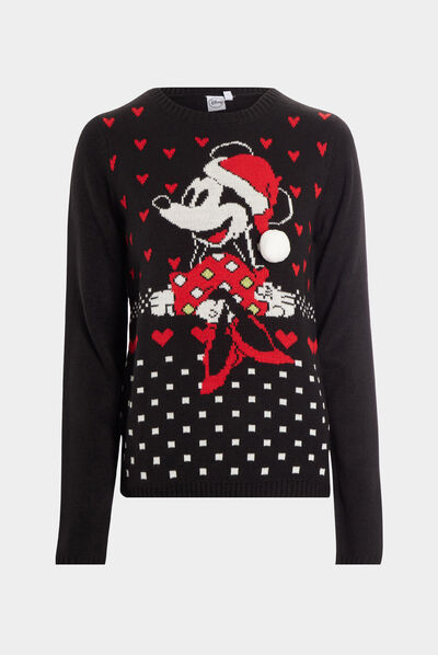 Pull de Noël manches longues Minnie noir femme