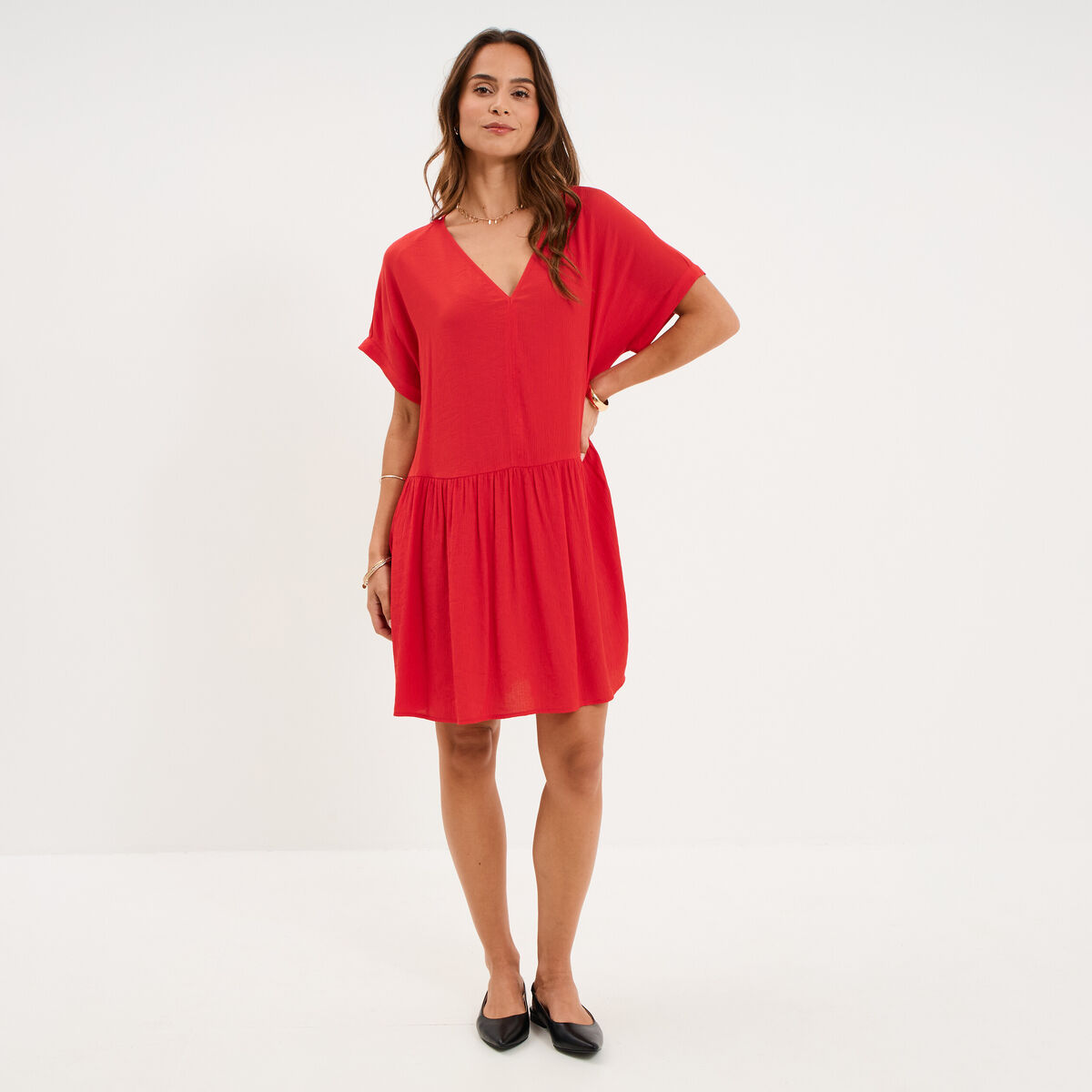 Robe courte fluide manches courtes rouge femme