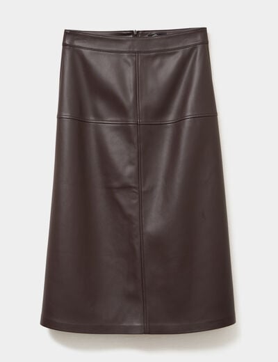Jupe simili cuir midi trapèze marron foncé femme