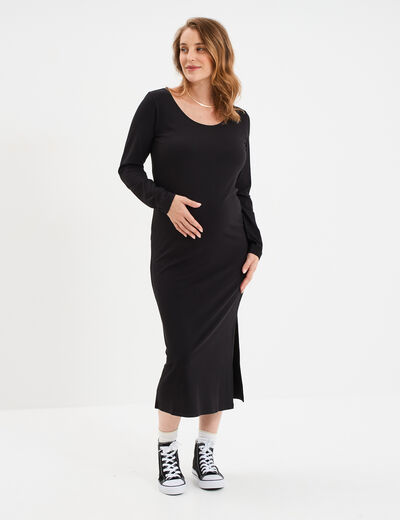 Robe longue côtelée grossesse noir femme maternité