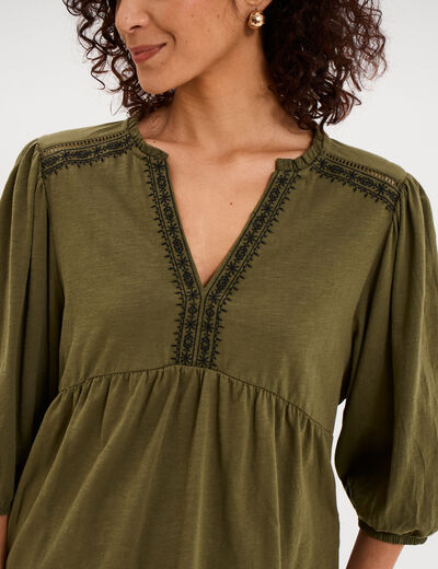 Blouse col tunisien brod&eacute; coton vert kaki femme