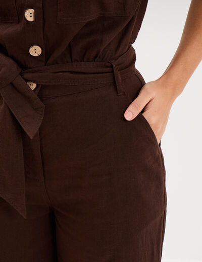 Combinaison pantalon lin m&eacute;lang&eacute; marron fonc&eacute; femme