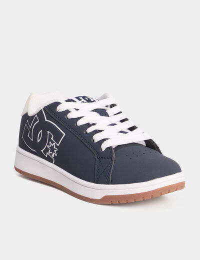 Tennis basses &agrave; lacets en cuir bleu marine gar&ccedil;on