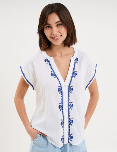 Blouse brod&eacute;e manches courtes blanc femme