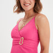 Robe longue asym&eacute;trique avec boucle rose fushia femme