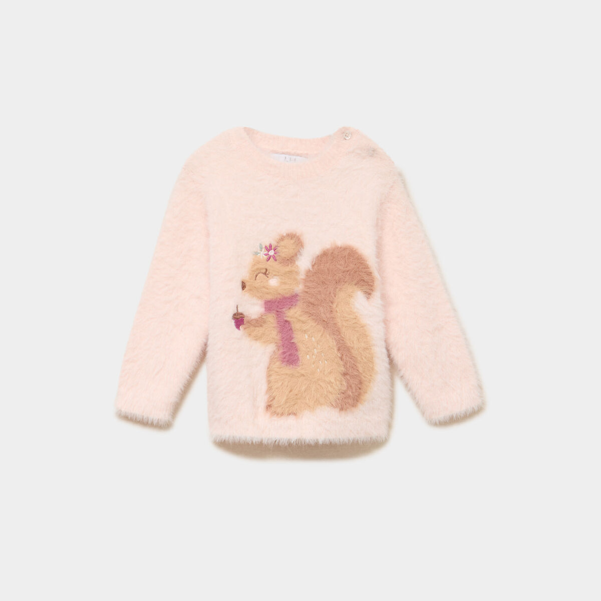 Pull duveteux avec &eacute;paule boutonn&eacute;e rose clair b&eacute;b&eacute; fille