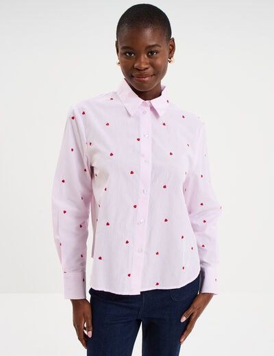 Chemise brod&eacute;e manches longues rose femme