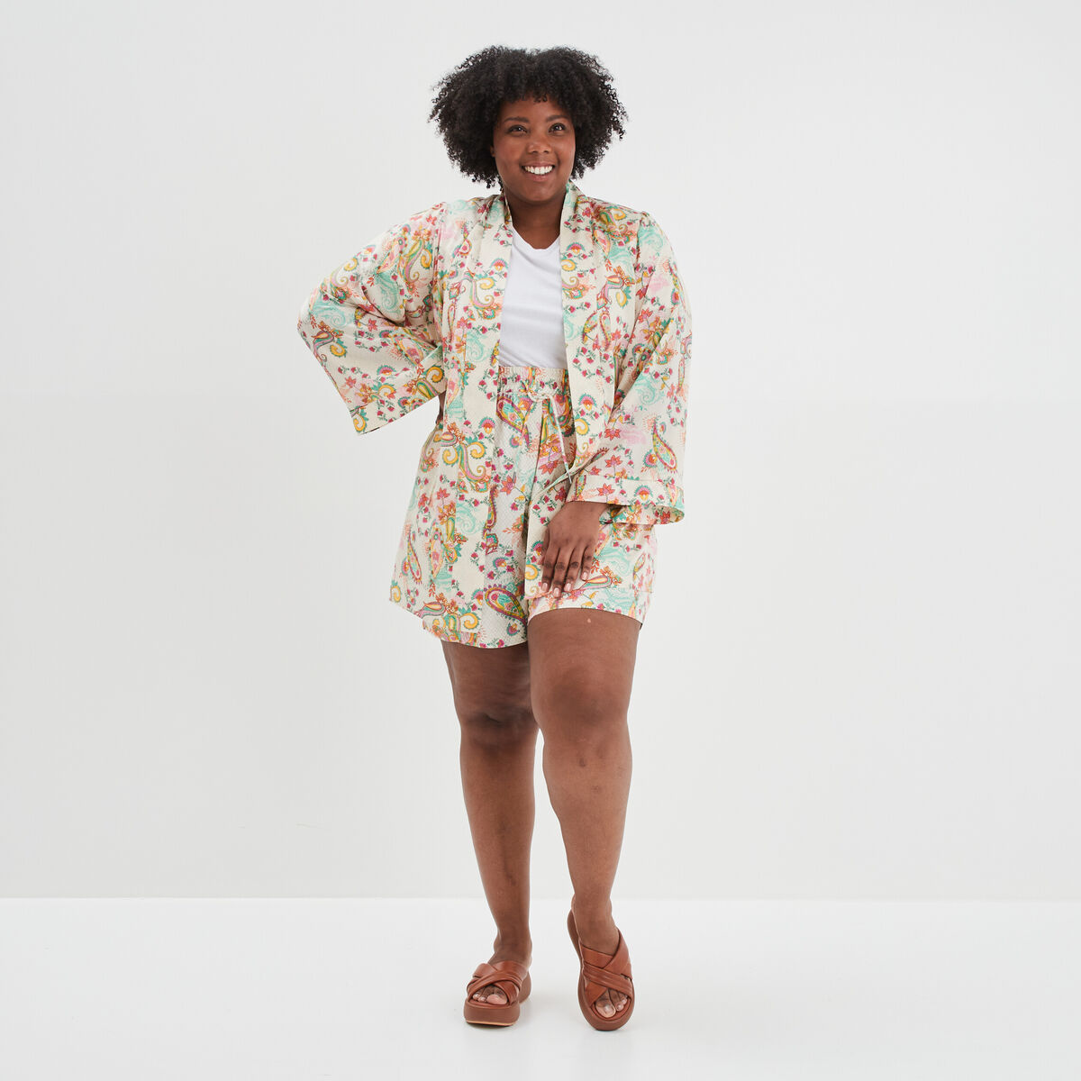 Veste kimono cintré manches longues ecru femme grande taille