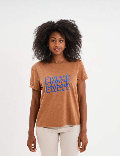 T-shirt manches courtes coton beige femme