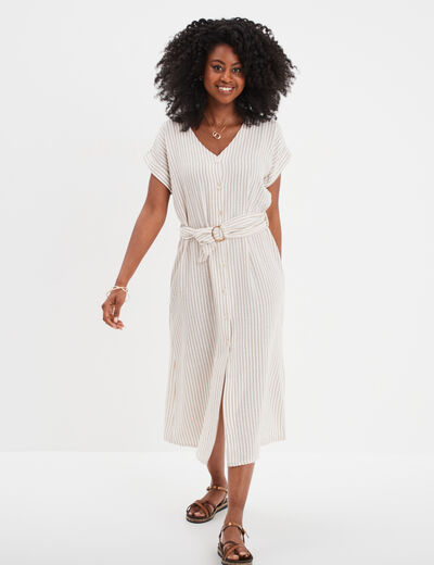 Robe chemise longueur genou ceinturée beige femme