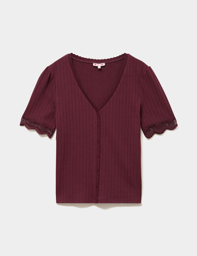 Blouse manches courtes col V dentelle violet fonc&eacute; femme