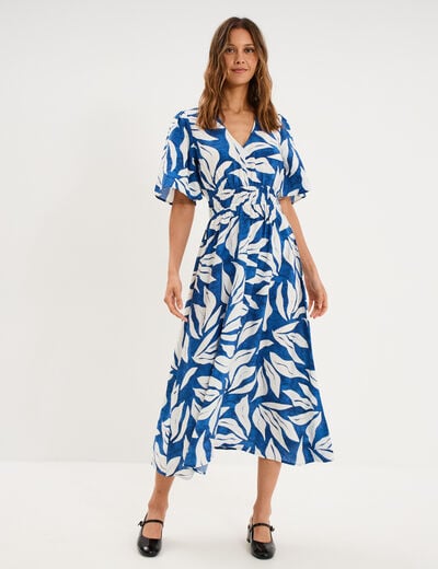 Robe longue col V taille &eacute;lastiqu&eacute;e bleu marine femme