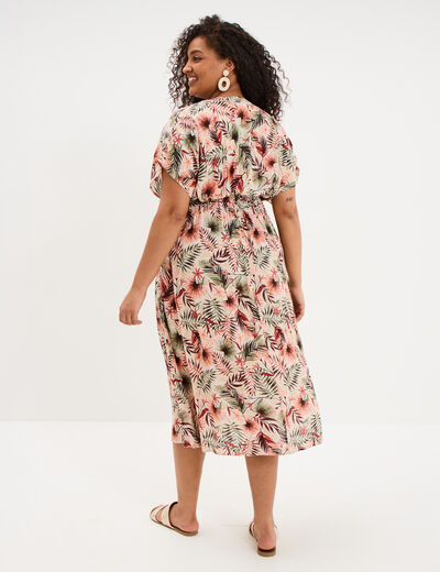 Robe longue col tunisien taille smock&eacute;e beige femme grande taille
