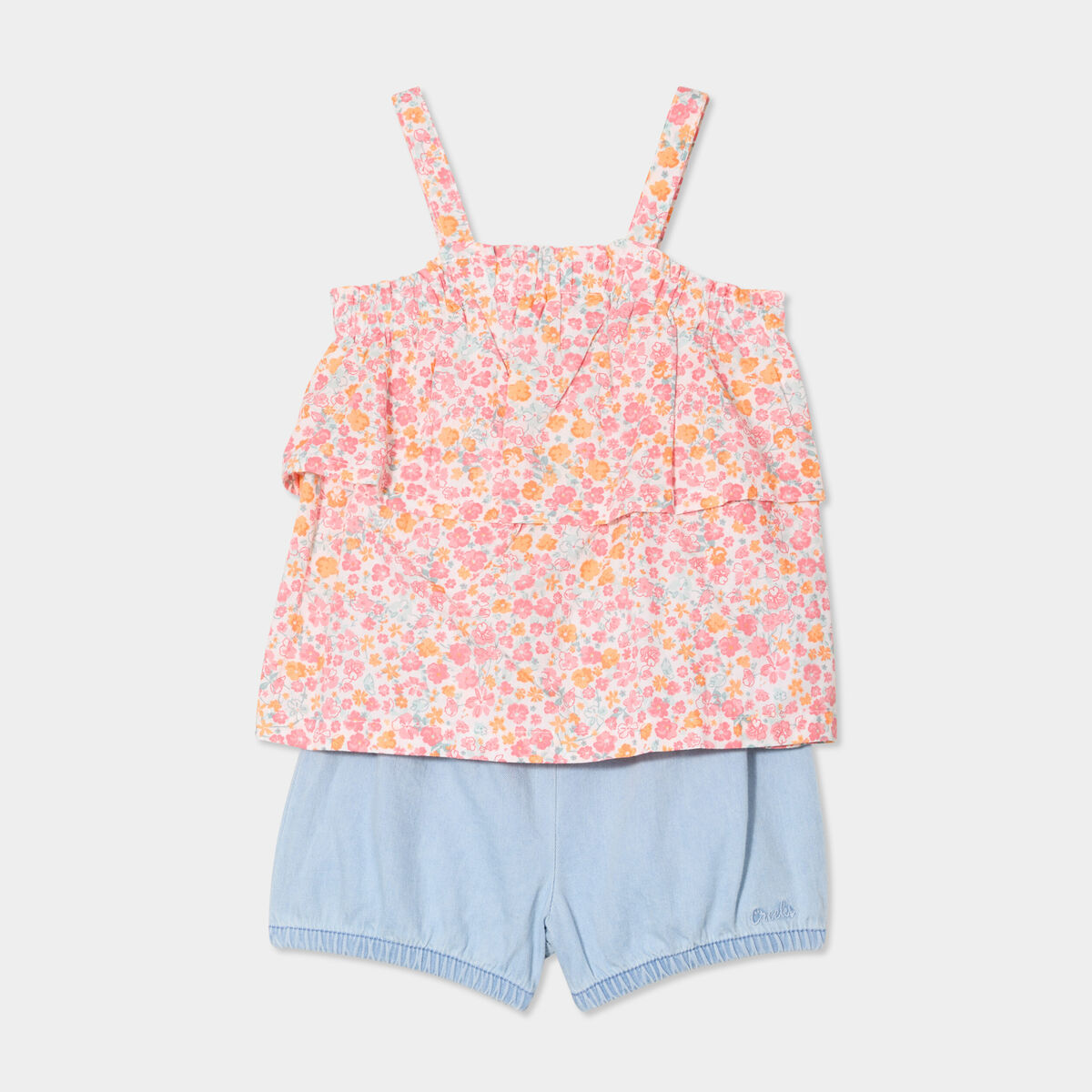 Ensemble d&eacute;bardeur et short coton rose corail b&eacute;b&eacute; fille