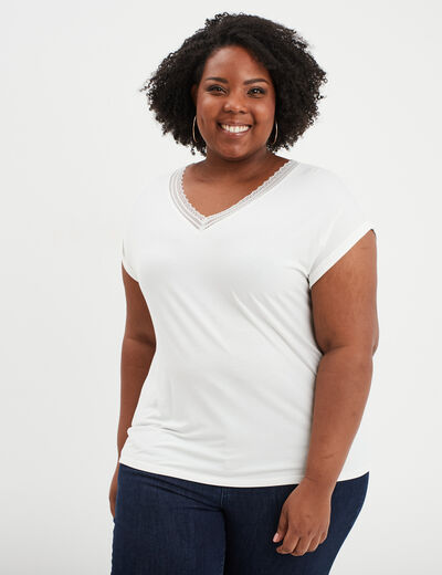 T-shirt dentelle au col Modavista blanc femme grande taille