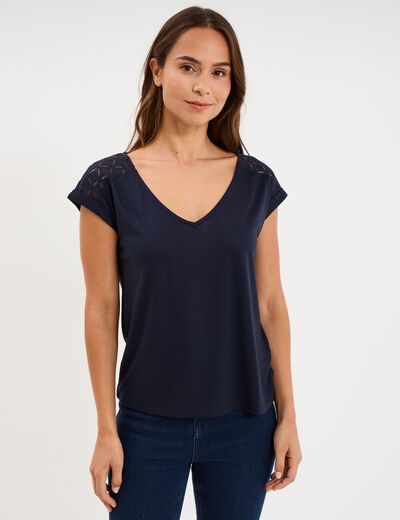 T-shirt col en V ajour&eacute; &eacute;paules et dos bleu fonc&eacute; femme
