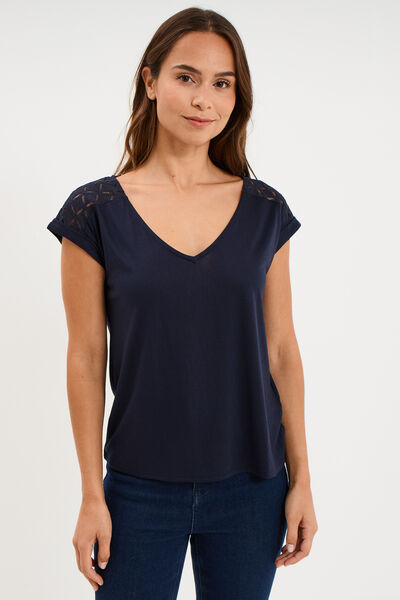 T-shirt col en V ajour&eacute; &eacute;paules et dos bleu fonc&eacute; femme