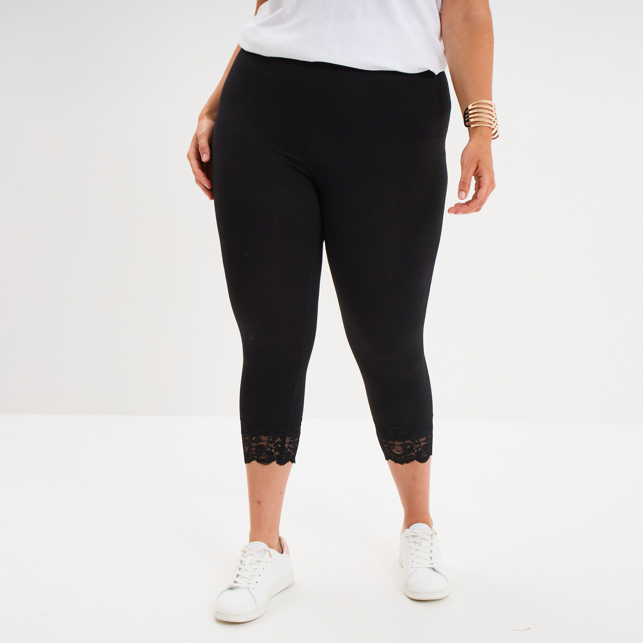 Legging 7/8ème bandes dentelle noir femme grande taille LH