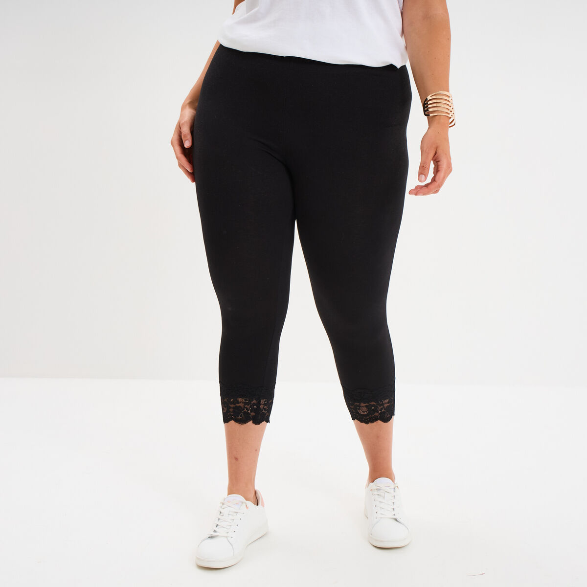 Legging 7/8&egrave;me bandes dentelle noir femme grande taille