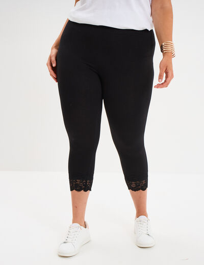 Legging 7/8&egrave;me bandes dentelle noir femme grande taille