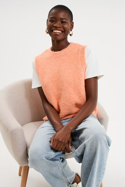 Pull sans manches col rond rose corail femme
