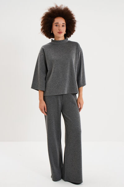 Top oversize col montant manches 3/4 gris fonc&eacute; femme